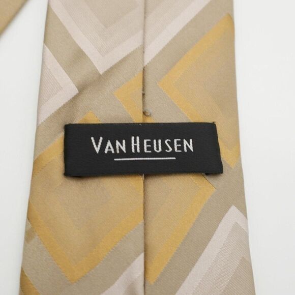 Van Heusen Beige Tan Woven Stain Resistant Geometric‎ Wide Silk Tie - Picture 3 of 7